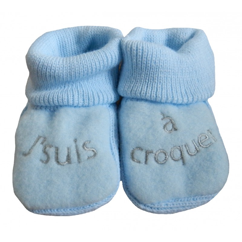 Chaussons naissance bleu j'suis à croquer