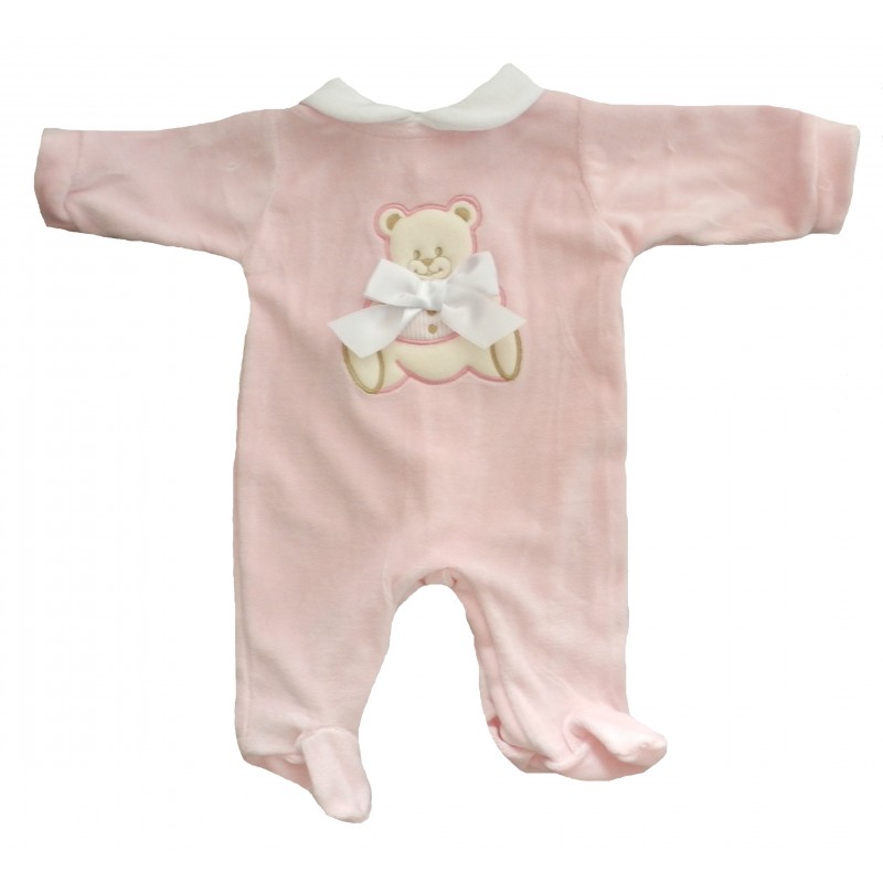Pyjama bébé fille à collerette en velours rose avec dentelle et